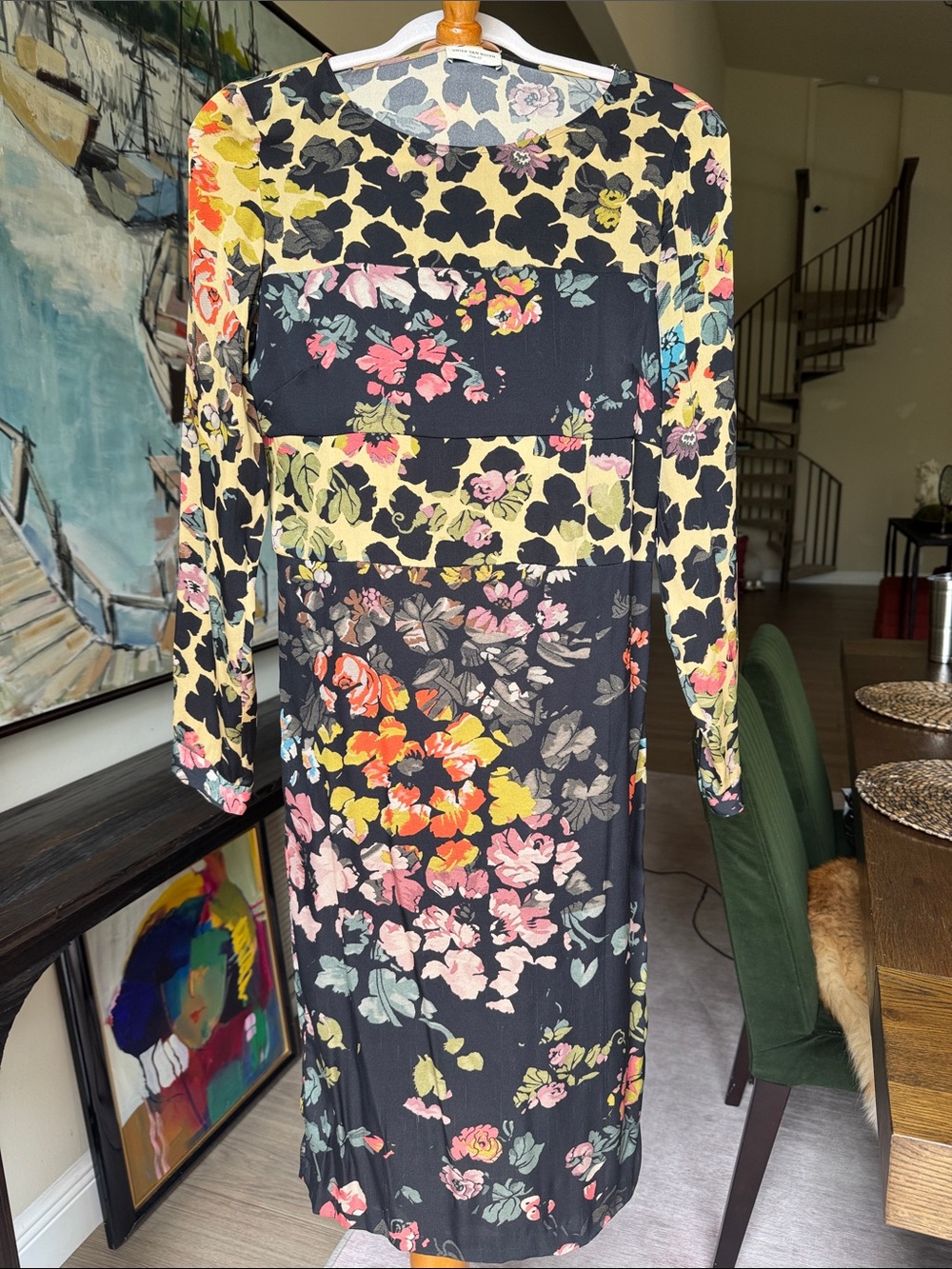 Dries Van Noten Floral Patchwork Long Sleeve Dress - Black Multi